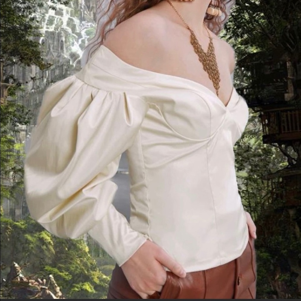Victorian Gothic Medieval LOTR Renaissance Puff Sleeve Off Shoulder V Ivory Top